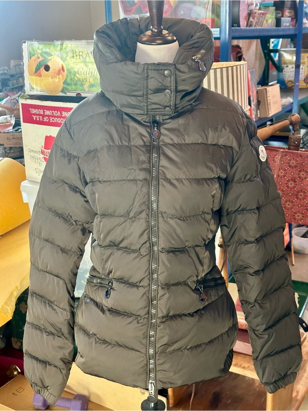 Moncler Olive Green Quilted Puffer Jacket with High Collar